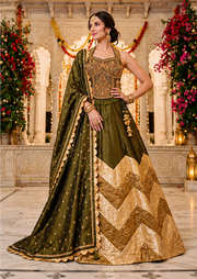 Olive green and gold lehenga set with bold chevron skirt panels and a floral halter blouse