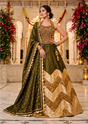 Olive green and gold lehenga set with bold chevron skirt panels and a floral halter blouse