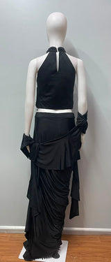 Black Halter Crystal Draped Saree Set
