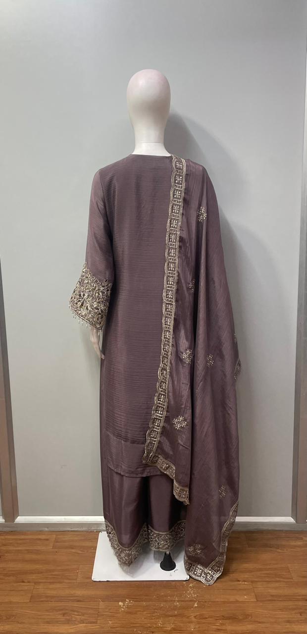 Mocha zari embroidered palazzo set from a third angle