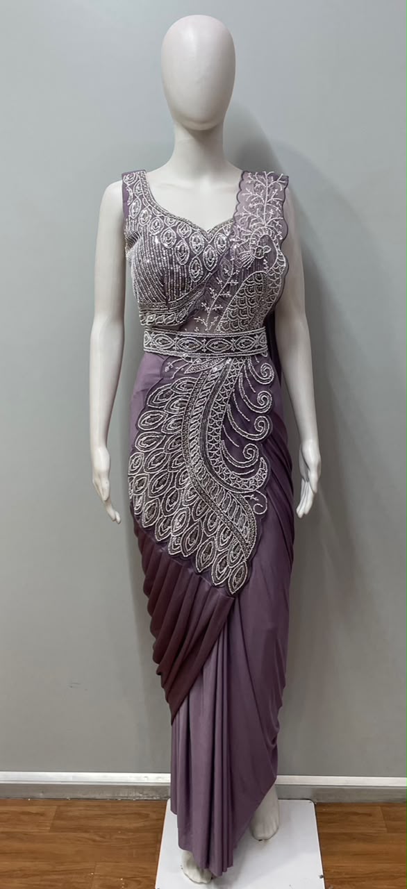 Dusty Mauve Silver Peacock Draped Saree Set