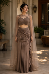 Taupe Pearl Draped Cape Lehenga Set