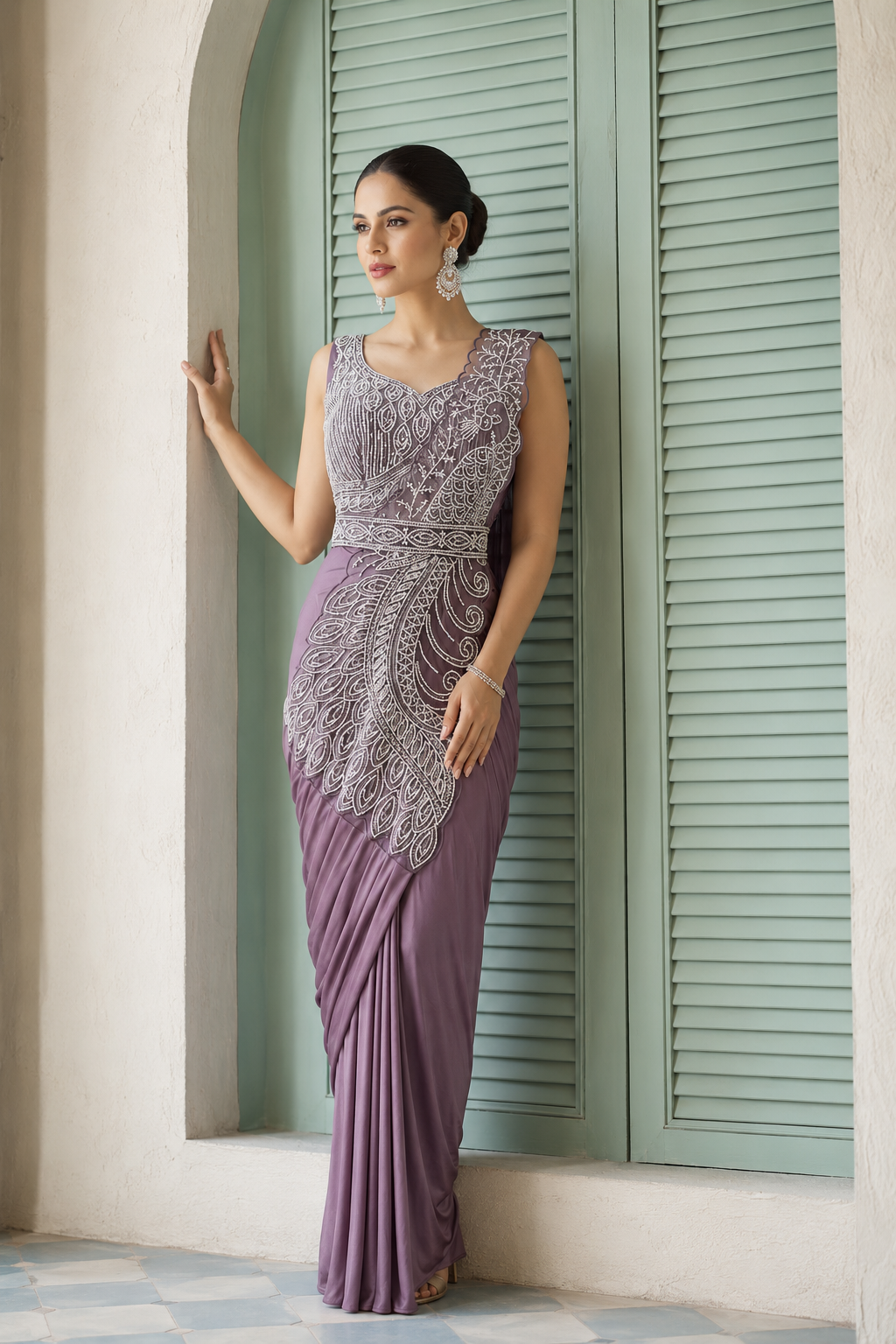 Dusty Mauve Silver Peacock Draped Saree Set