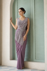 Dusty Mauve Silver Peacock Draped Saree Set