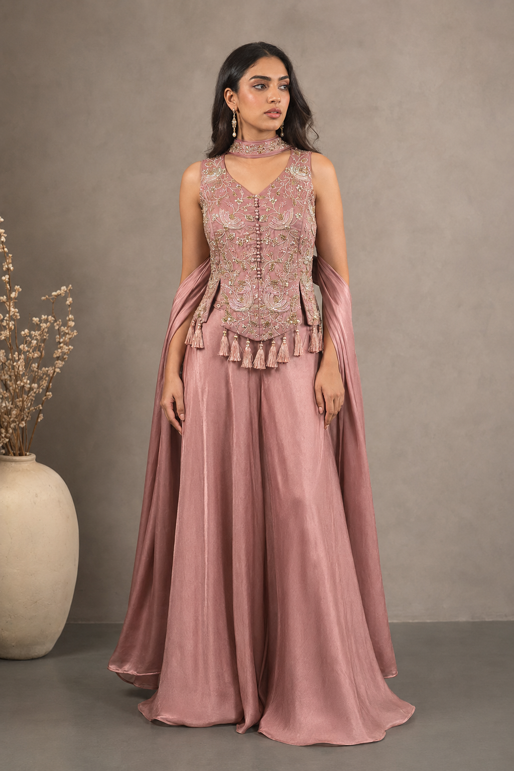 Dusty Rose Embroidered Palazzo Drape Ensemble