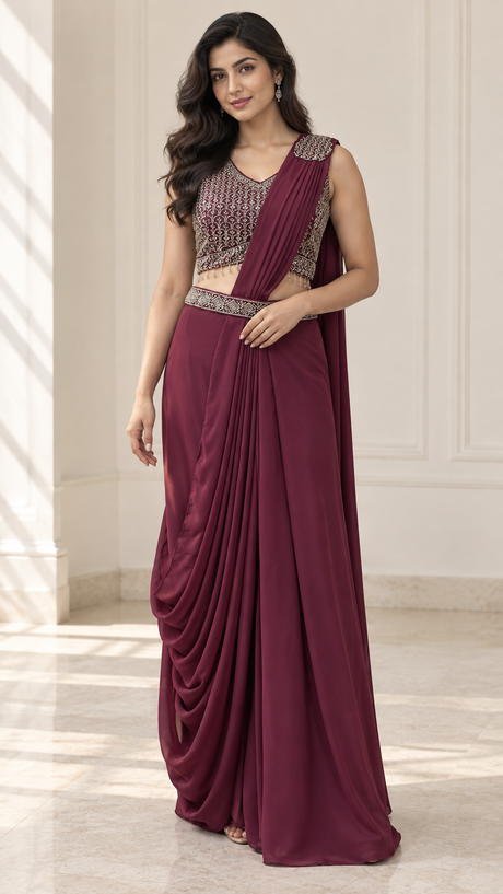 Berry wine pre-draped saree set with a silver crystal blouse