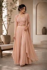 Soft Peach Pearl Cape Palazzo Set