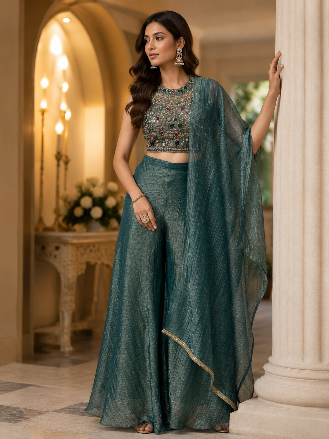 Seafoam Gold Jewel Embroidered Palazzo Drape Set