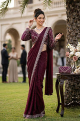 Wine Silver Embroidered Saree Ensemble