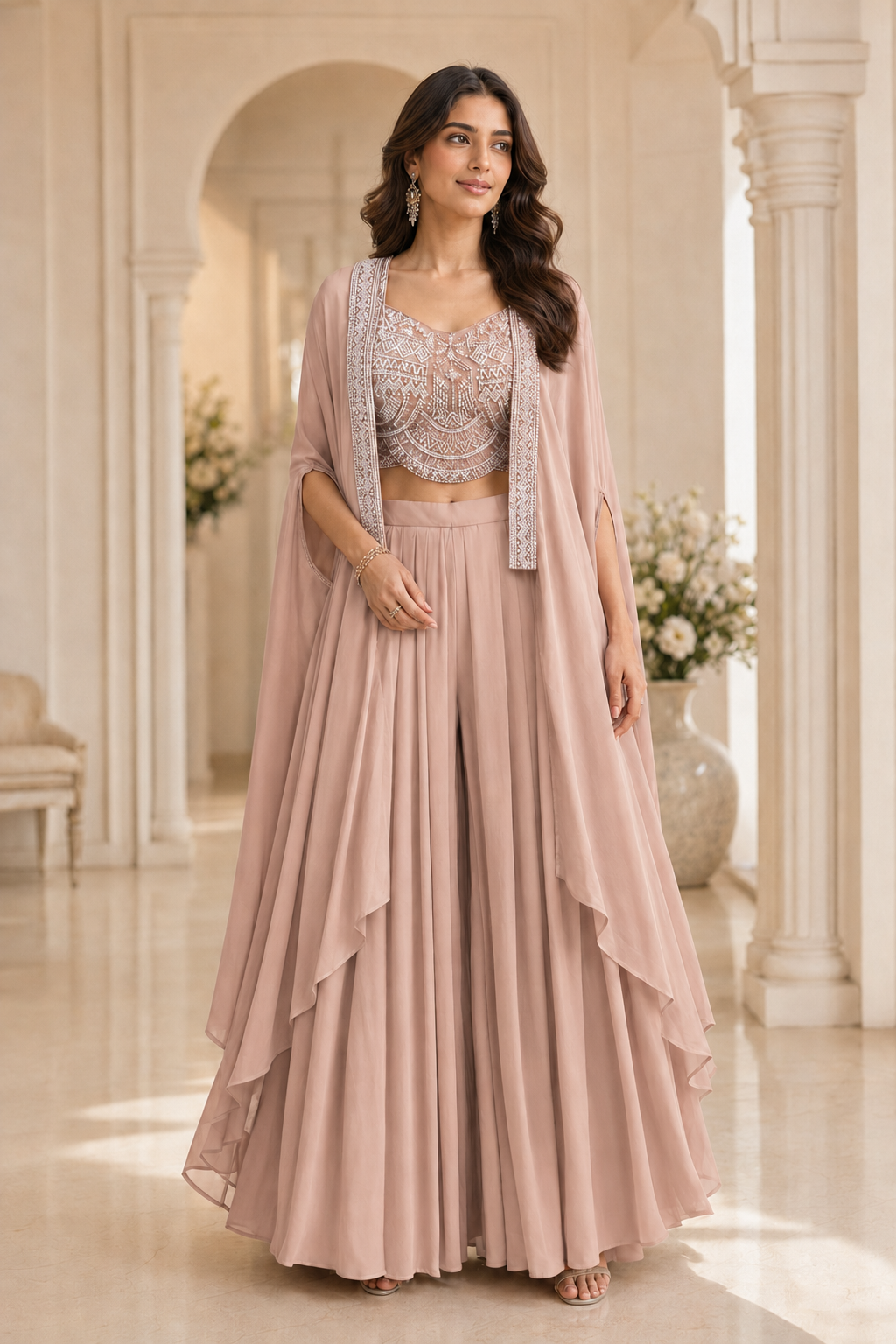 Peach Nude Mirror Cape Sharara Ensemble