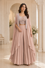 Peach Nude Mirror Cape Sharara Ensemble