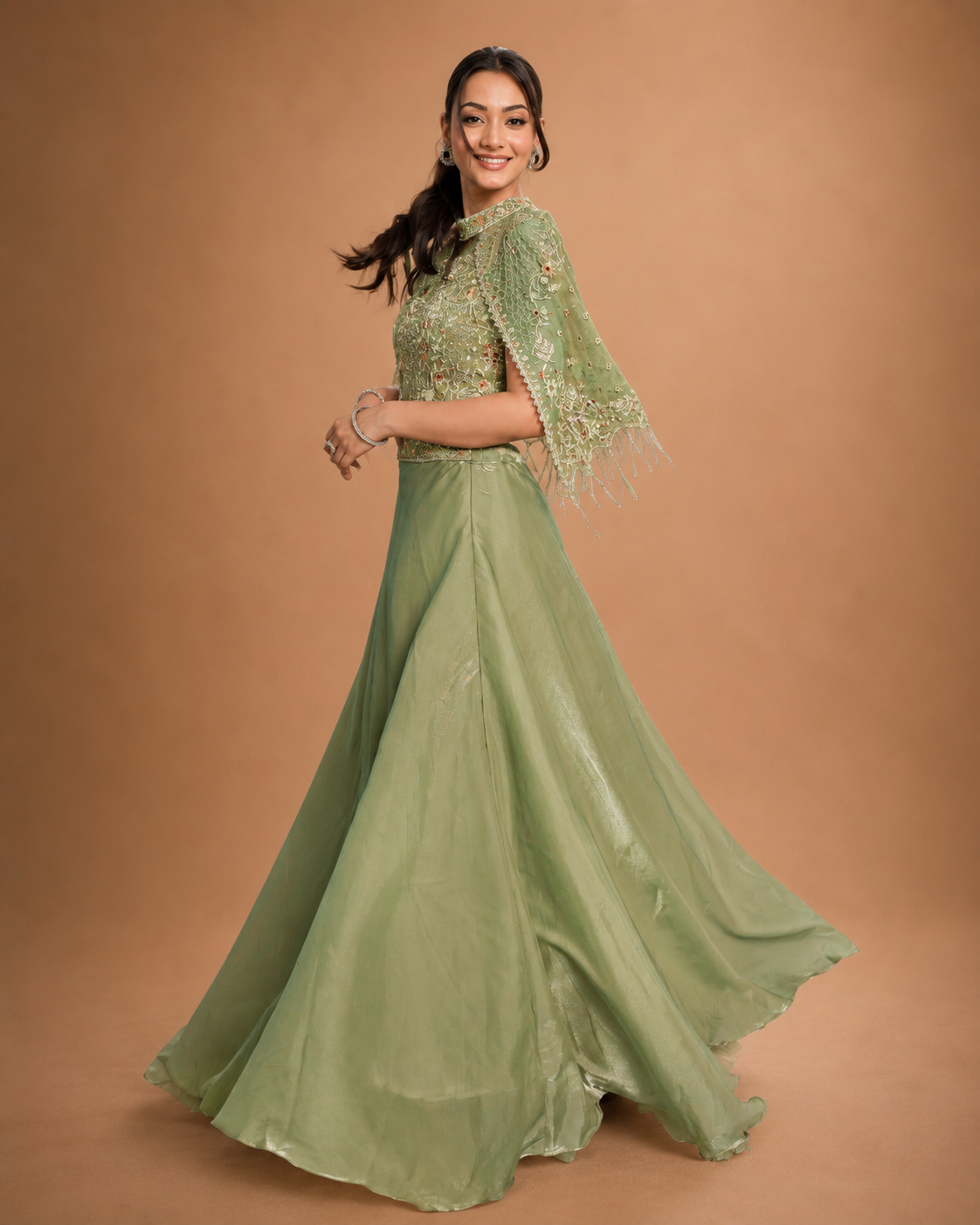 Sage Green Pearl Cape Gown Ensemble