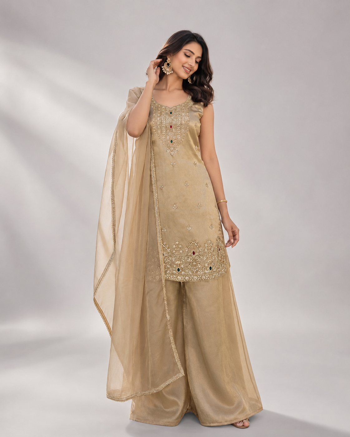 Antique Gold Jewel Embroidered Sharara Set