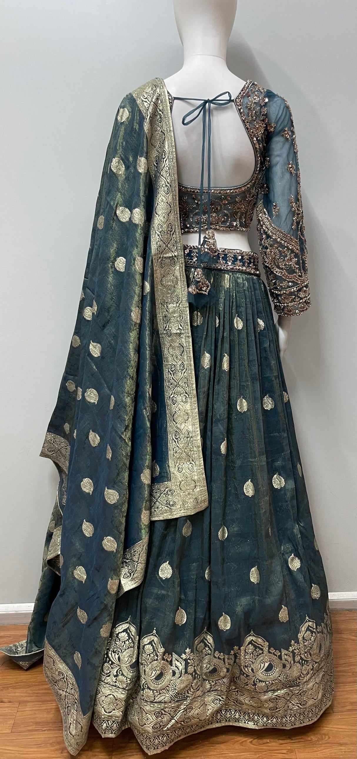 Deep Teal Antique Gold Lehenga Ensemble