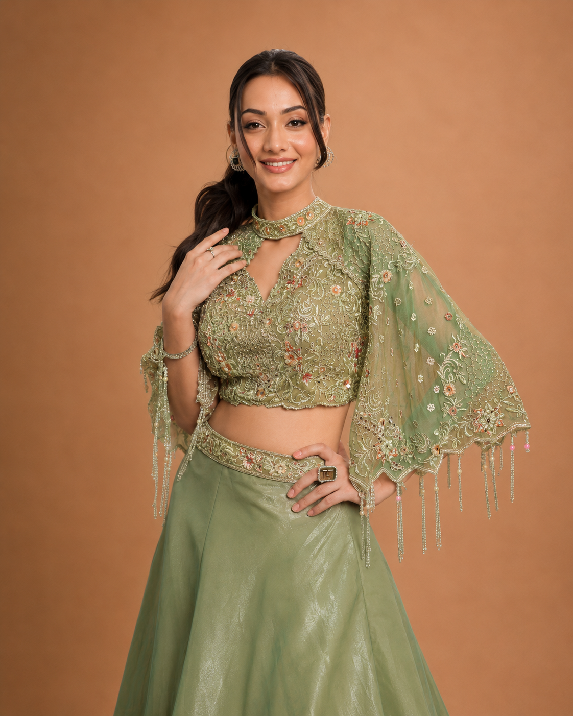 Sage Green Pearl Cape Gown Ensemble
