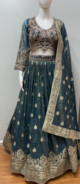 Deep Teal Antique Gold Lehenga Ensemble