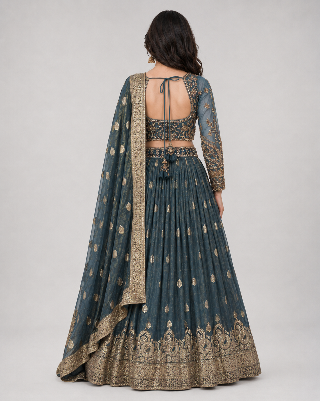 Deep Teal Antique Gold Lehenga Ensemble