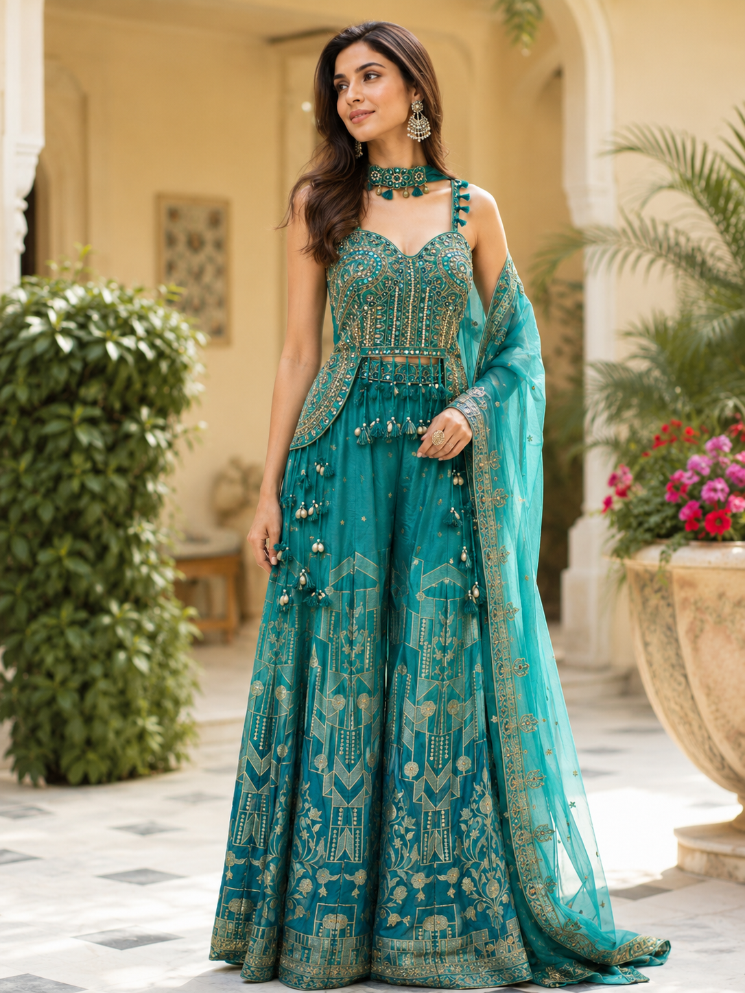 Peacock Teal Gold Geometric Embroidered Lehenga Set