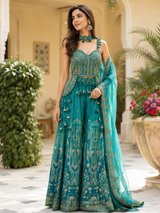 Peacock Teal Gold Geometric Embroidered Lehenga Set