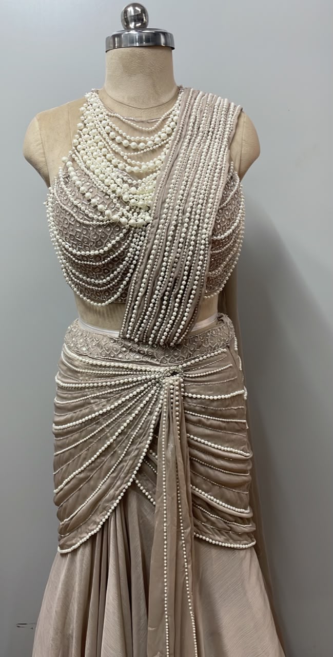 Champagne Pearl Draped Saree Gown Ensemble