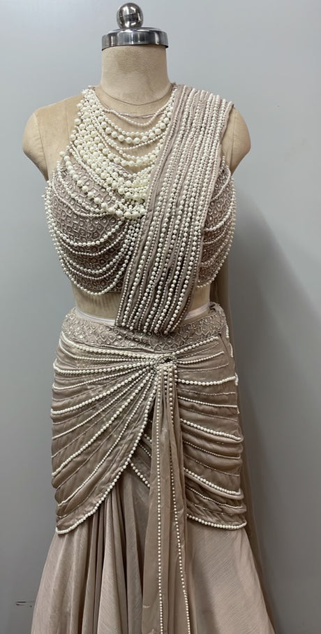 Champagne Pearl Draped Saree Gown Ensemble
