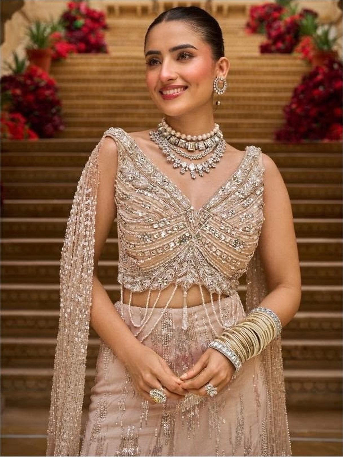 Champagne Blush Silver Crystal Pearl Jewel Lehenga Set