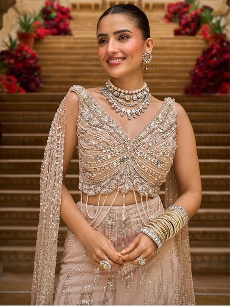 Champagne Blush Silver Crystal Pearl Jewel Lehenga Set