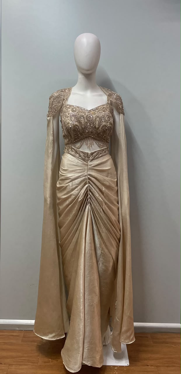 Champagne Gold Crystal Pre-Draped Saree Set