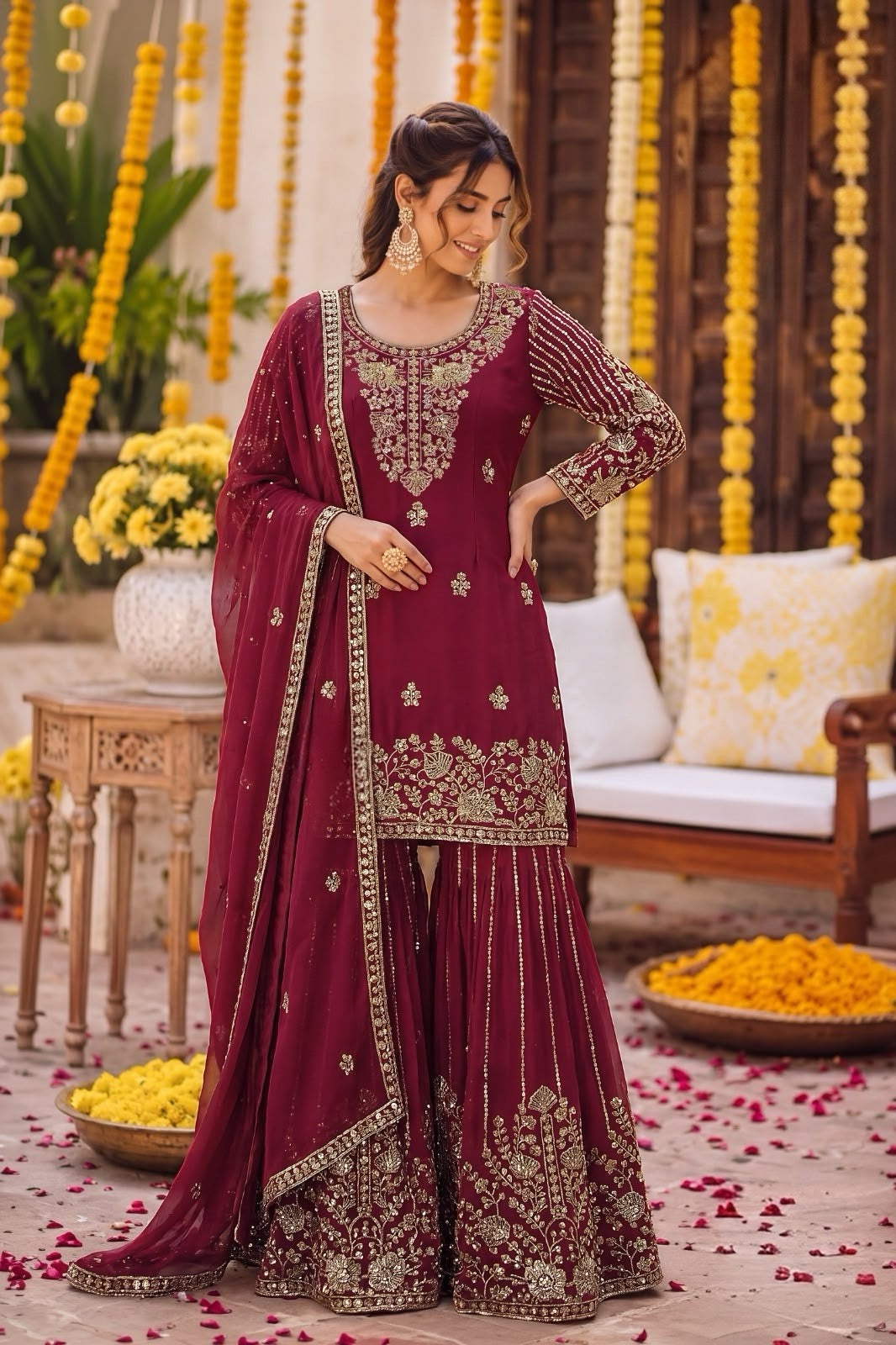Deep Wine Antique Gold Floral Palazzo Set