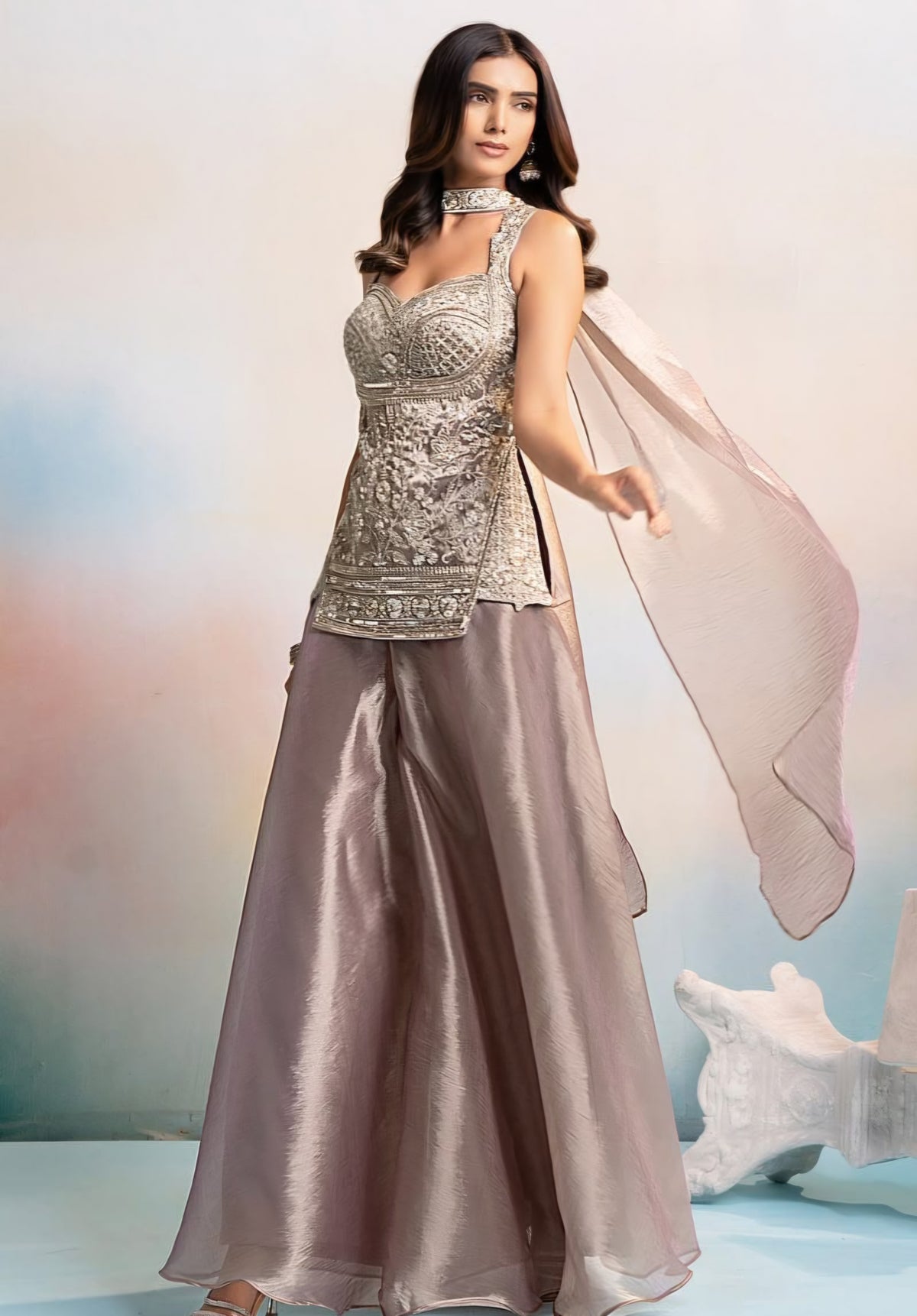 Smoky Taupe Silver Jewel Corset Palazzo Set