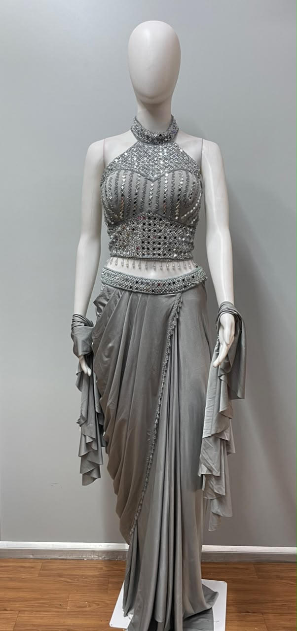 Silver Crystal Halter Draped Saree Set