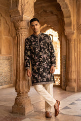 Charcoal Black Antique Gold Floral Kurta Set