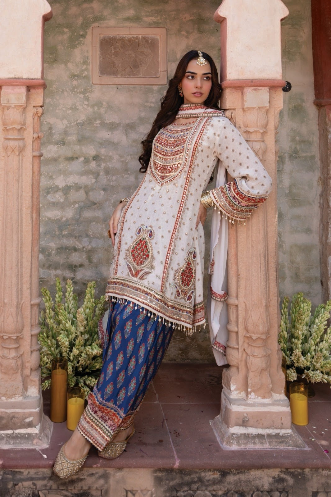Ivory Ruby Red Antique Gold Heritage Salwar Set