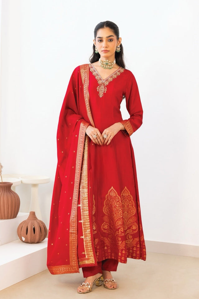 Crimson red kurta set with an antique gold paisley motif and matching dupatta