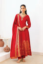 Crimson red kurta set with an antique gold paisley motif and matching dupatta