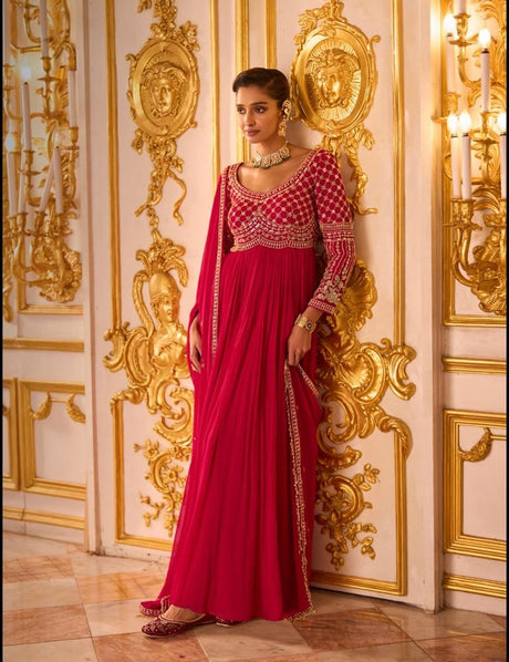 Deep fuchsia floor-length anarkali with antique gold lattice work and dupatta