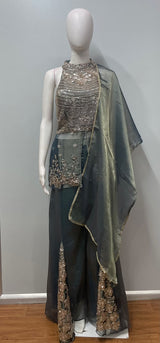 Smoky Olive Gold Embroidered Palazzo Drape Set
