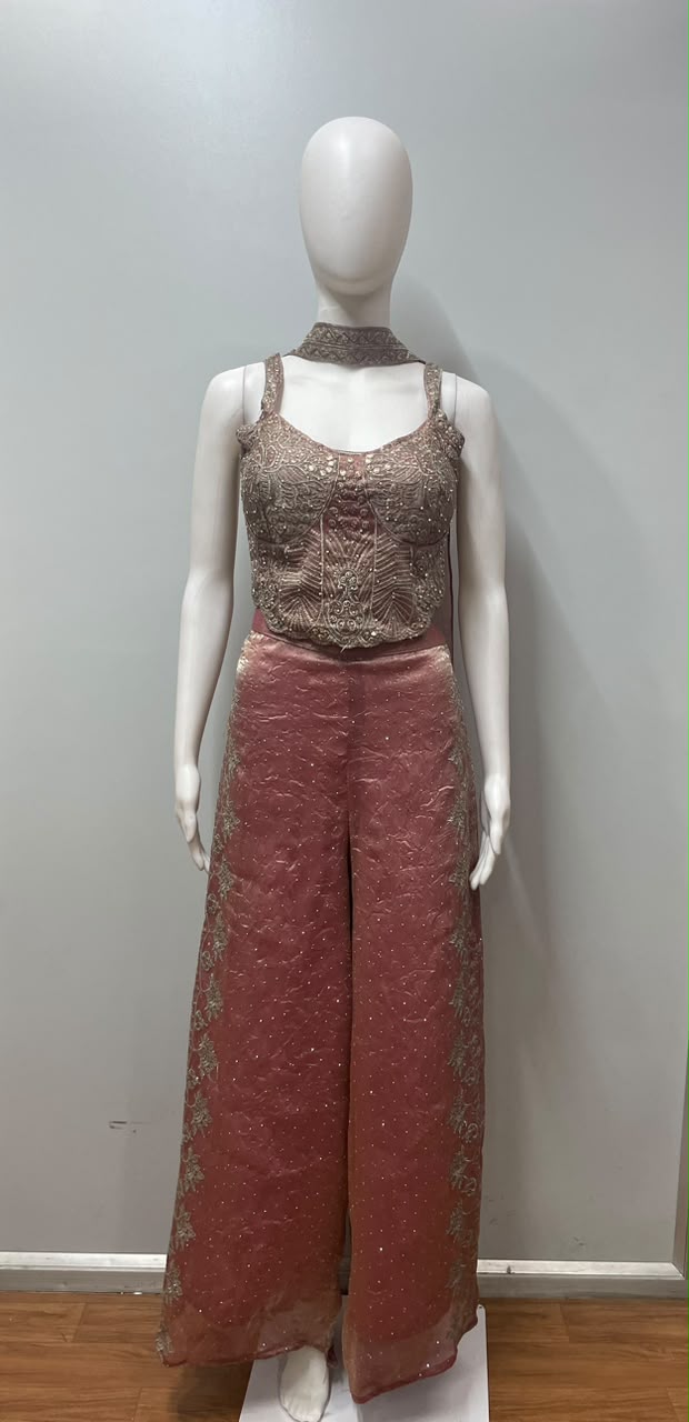 Rose Gold Embroidered Corset Palazzo Set