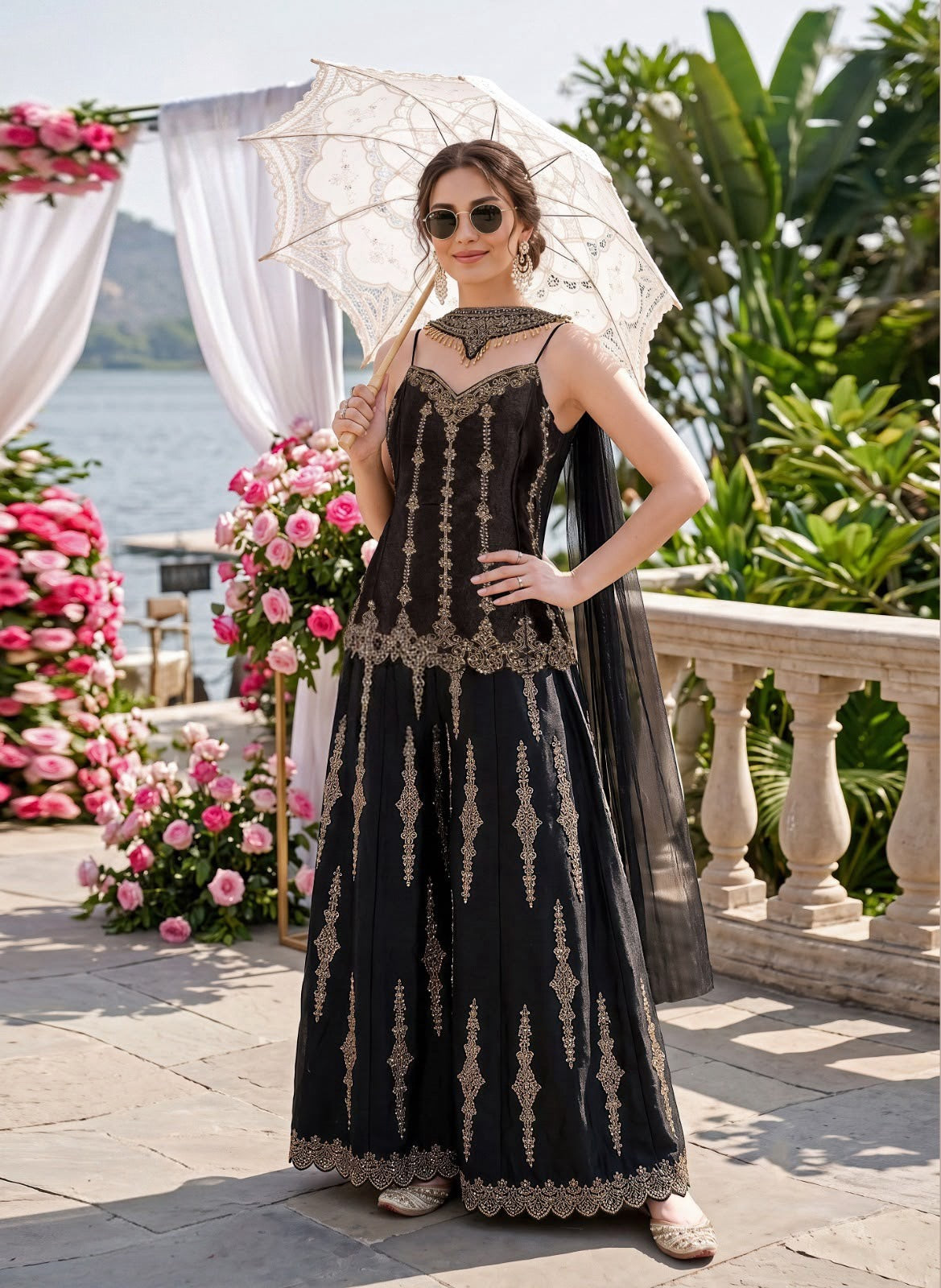 Black Antique Gold Jewel Palazzo Set