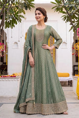 Dusty Sage Green Antique Gold Heritage Anarkali Set