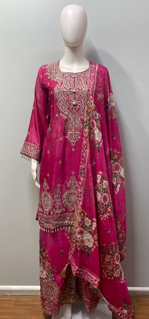 Fuchsia Pink Hand-Crafted Palazzo Suit with Dupatta | Label S4U