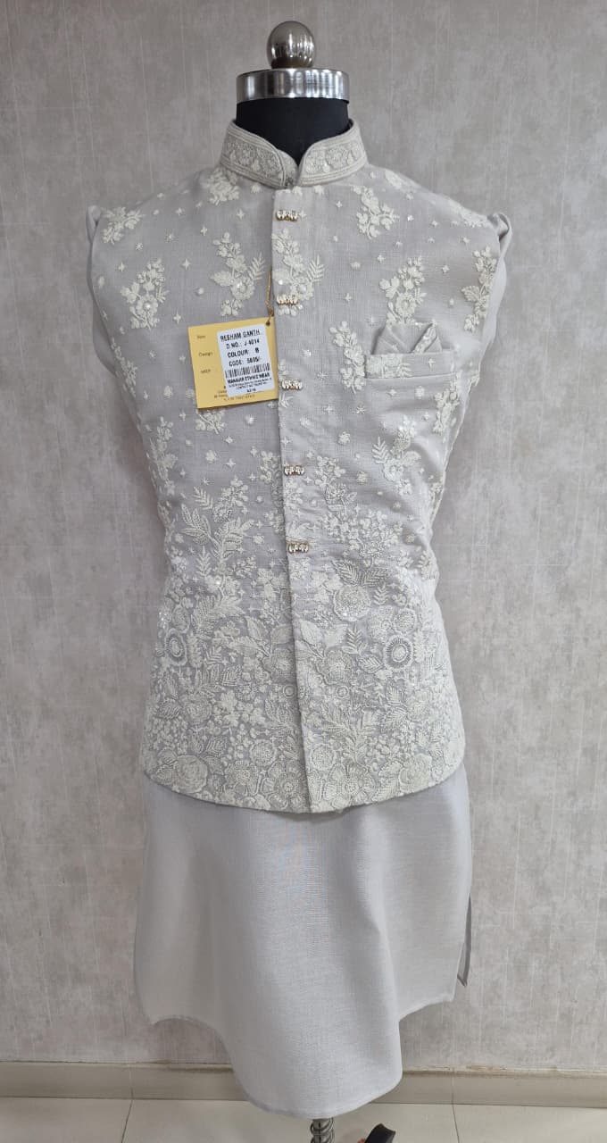 Silver Grey Floral Nehru Jacket Kurta Set