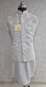 Silver Grey Floral Nehru Jacket Kurta Set