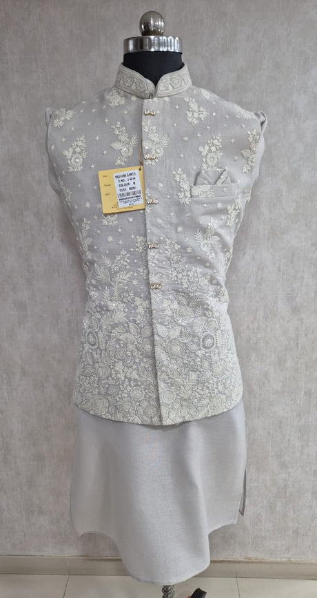 Silver Grey Floral Nehru Jacket Kurta Set