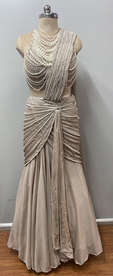 Champagne Pearl Draped Saree Gown Ensemble