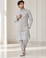 Silver Grey Floral Nehru Jacket Kurta Set