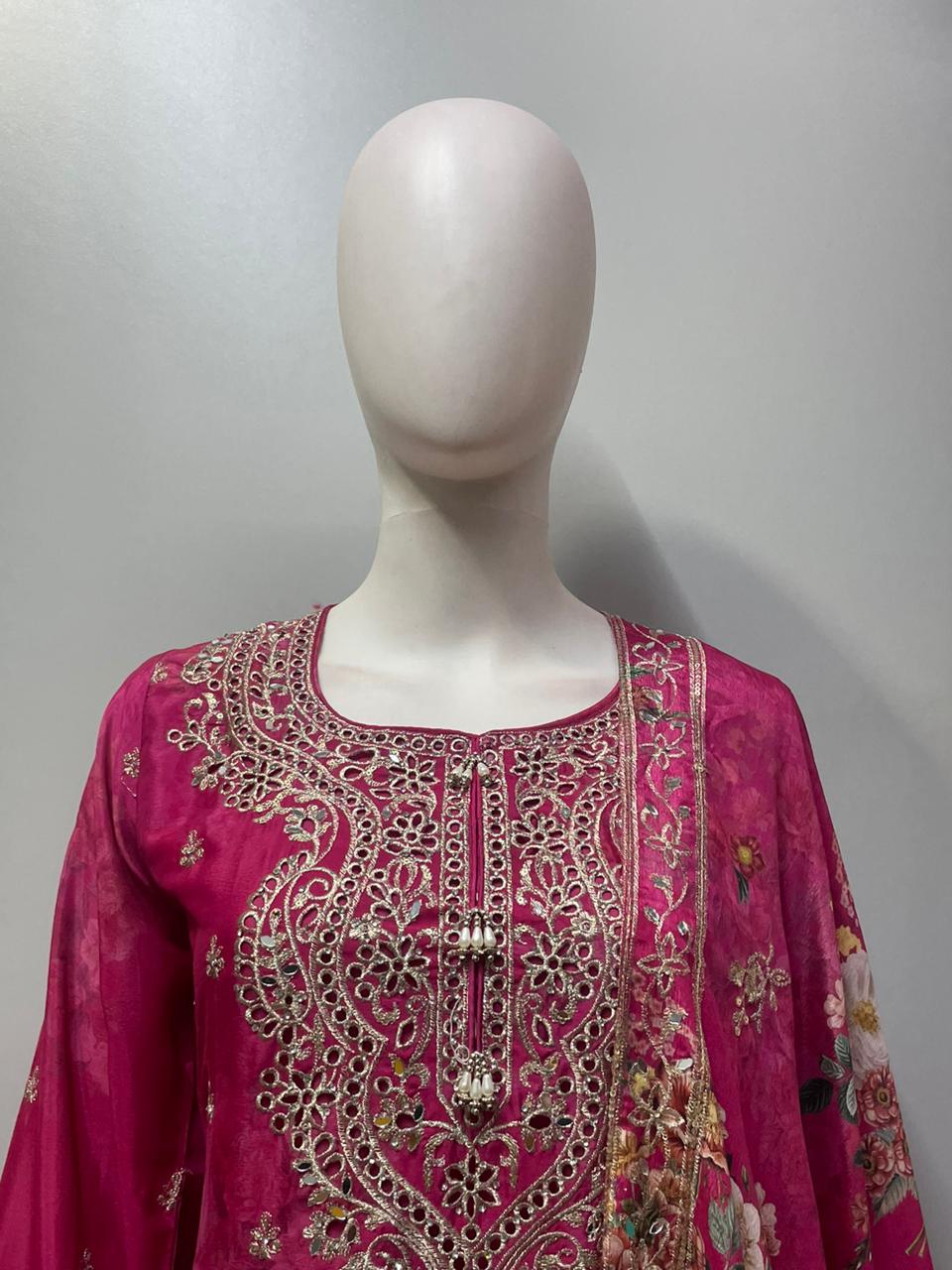 Fuchsia Pink Hand-Crafted Palazzo Suit with Dupatta | Label S4U