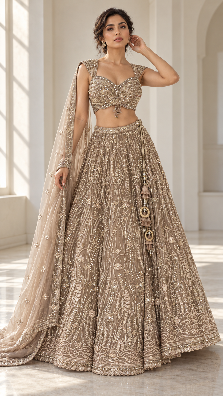 Champagne Taupe Silver Jewel Lehenga Set