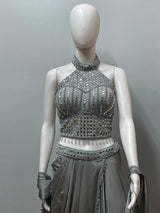 Silver Crystal Halter Draped Saree Set