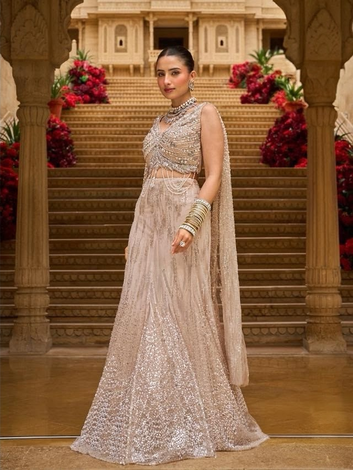 Champagne Blush Silver Crystal Pearl Jewel Lehenga Set
